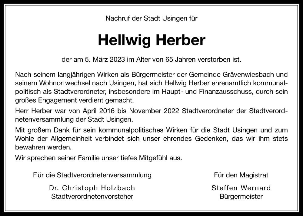  Traueranzeige für Hellwig Herber vom 11.03.2023 aus Usinger Anzeiger