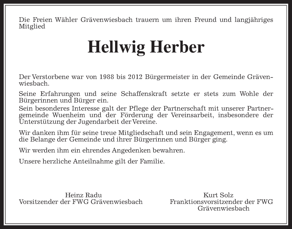  Traueranzeige für Hellwig Herber vom 11.03.2023 aus Usinger Anzeiger