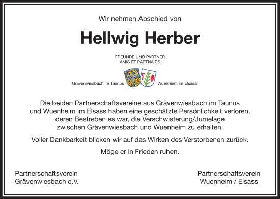 Traueranzeige von Hellwig Herber von Usinger Anzeiger