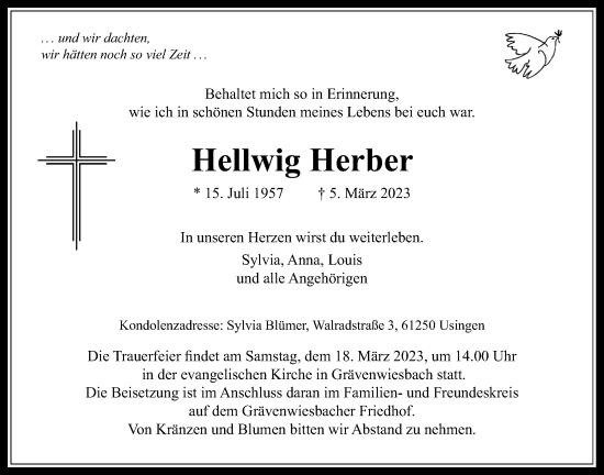 Traueranzeige von Hellwig Herber von Usinger Anzeiger