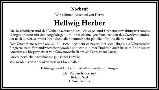 Traueranzeige von Hellwig Herber von Usinger Anzeiger