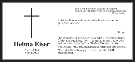 Traueranzeige von Helma Eiser von Wetterauer Zeitung