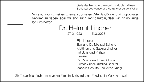 Traueranzeige von Helmut Lindner 