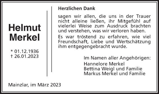 Traueranzeige von Helmut Merkel von Giessener Allgemeine, Alsfelder Allgemeine, Giessener Anzeiger