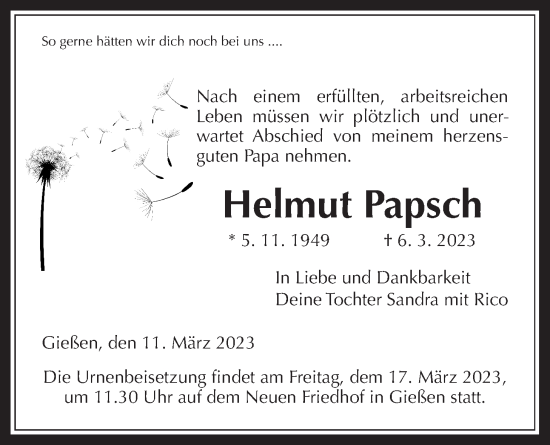 Traueranzeige von Helmut Papsch von Giessener Allgemeine, Alsfelder Allgemeine