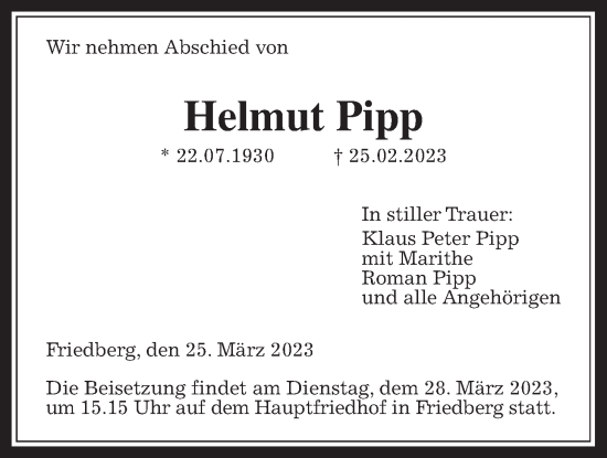 Traueranzeige von Helmut Pipp von Wetterauer Zeitung