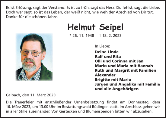Traueranzeige von Helmut Seipel von Kreis-Anzeiger