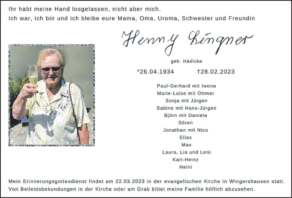  Traueranzeige für Henny Lingner vom 18.03.2023 aus Kreis-Anzeiger