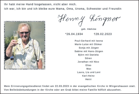 Traueranzeige von Henny Lingner von Kreis-Anzeiger