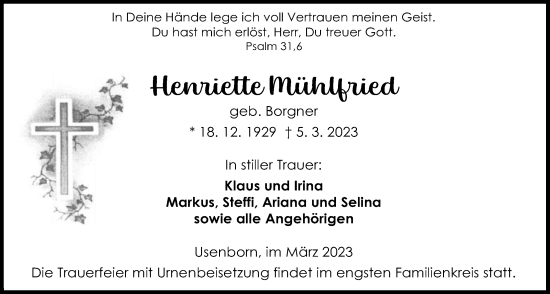 Traueranzeige von Henriette Mühlfried von Kreis-Anzeiger