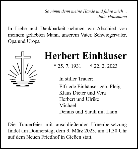 Traueranzeige von Herbert Einhäuser von Giessener Allgemeine, Alsfelder Allgemeine, Giessener Anzeiger, Giessener Allgemeine, Alsfelder Allgemeine, Giessener Anzeiger