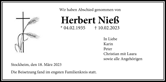 Traueranzeige von Herbert Nieß von Kreis-Anzeiger