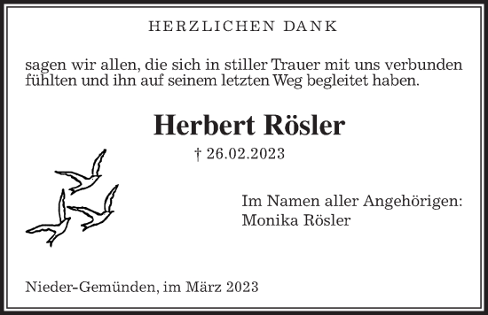 Traueranzeige von Herbert Rösler von Alsfelder Allgemeine