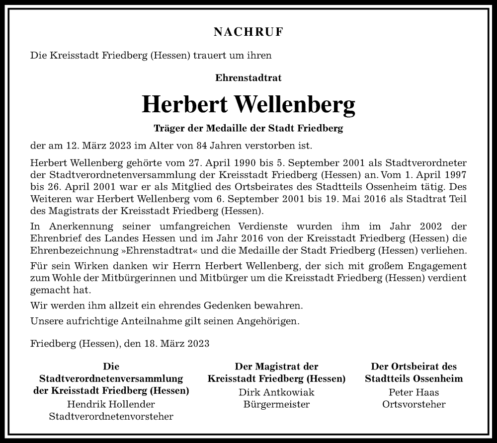  Traueranzeige für Herbert Wellenberg vom 18.03.2023 aus Wetterauer Zeitung