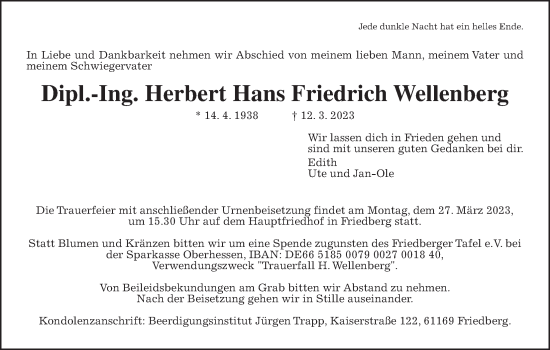 Traueranzeige von Herbert Wellenberg von Wetterauer Zeitung