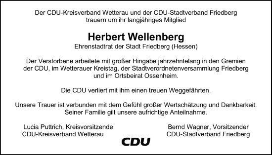 Traueranzeige von Herbert Wellenberg von Wetterauer Zeitung