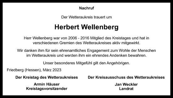 Traueranzeige von Herbert Wellenberg von Wetterauer Zeitung