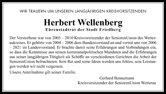 Traueranzeige von Herbert Wellenberg von Wetterauer Zeitung