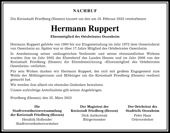 Traueranzeige von Hermann Ruppert von Wetterauer Zeitung