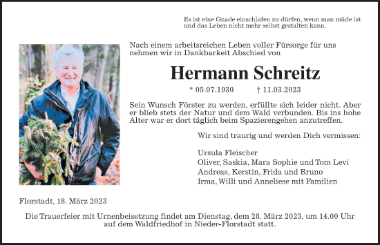 Traueranzeige von Hermann Schreitz von Wetterauer Zeitung