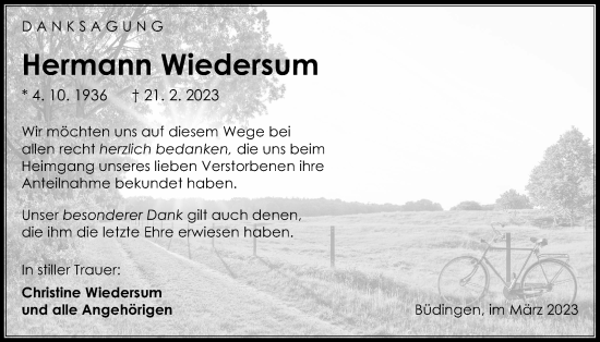 Traueranzeige von Hermann Wiedersum von Kreis-Anzeiger