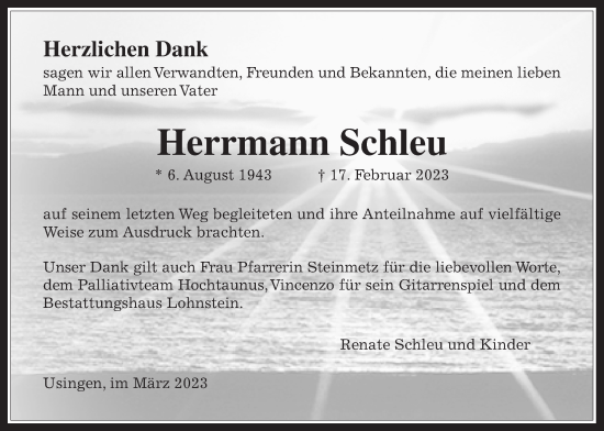 Traueranzeige von Herrmann Schleu von Usinger Anzeiger
