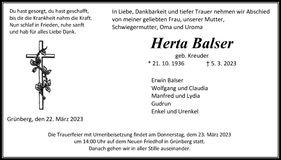 Traueranzeige von Herta Balser von Giessener Allgemeine, Alsfelder Allgemeine