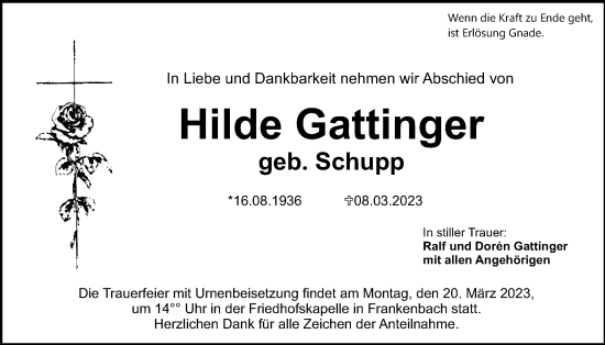 Traueranzeige von Hilde Gattinger von Giessener Anzeiger