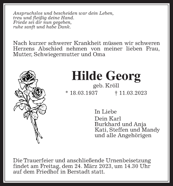 Traueranzeige von Hilde Georg von Wetterauer Zeitung