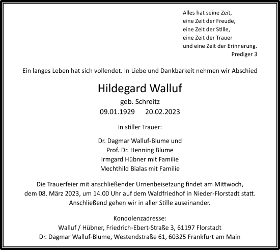 Traueranzeige von Hildegard Walluf von Wetterauer Zeitung