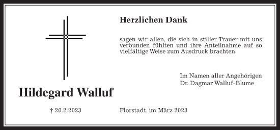Traueranzeige von Hildegard Walluf von Wetterauer Zeitung