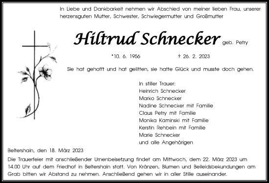 Traueranzeige von Hiltrud Schnecker von Giessener Allgemeine, Alsfelder Allgemeine, Giessener Anzeiger