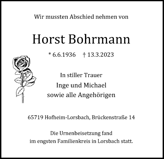 Traueranzeige von Horst Bohrmann 