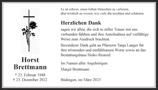Traueranzeige von Horst Brettmann von Kreis-Anzeiger