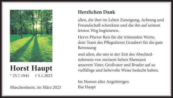 Traueranzeige von Horst Haupt von Licher Wochenblatt