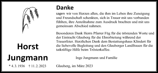 Traueranzeige von Horst Jungmann von Kreis-Anzeiger