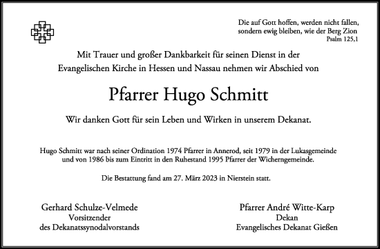 Traueranzeige von Hugo Schmitt von Giessener Anzeiger, Giessener Allgemeine, Alsfelder Allgemeine