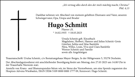 Traueranzeige von Hugo Schmitt von Giessener Anzeiger, Giessener Allgemeine, Alsfelder Allgemeine