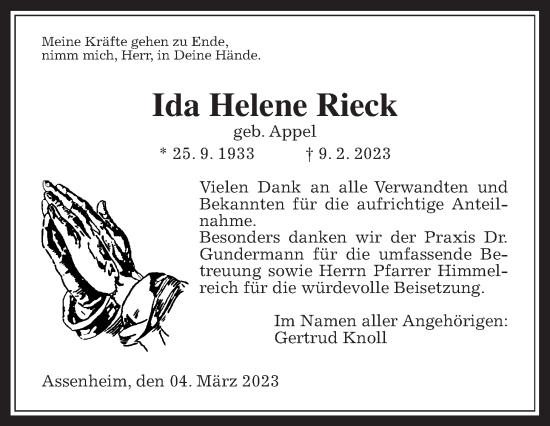 Traueranzeige von Ida Helene Rieck von Wetterauer Zeitung