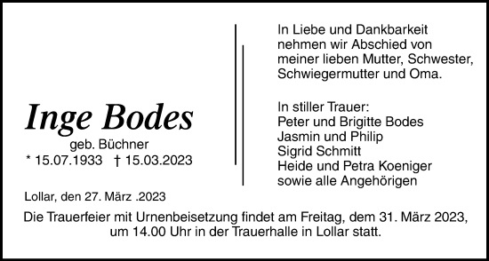 Traueranzeige von Inge Bodes von Giessener Allgemeine, Alsfelder Allgemeine