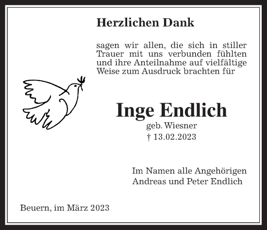 Traueranzeige von Inge Endlich von Giessener Anzeiger, Giessener Allgemeine, Alsfelder Allgemeine