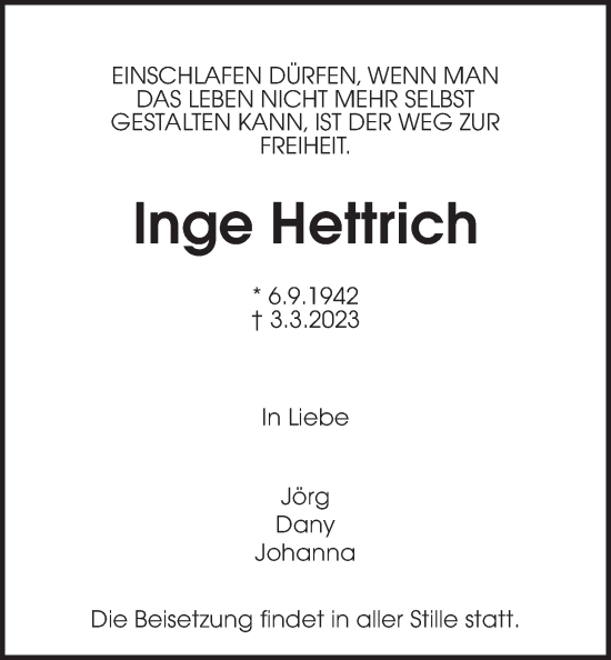 Traueranzeige von Inge Hettrich von Wetterauer Zeitung