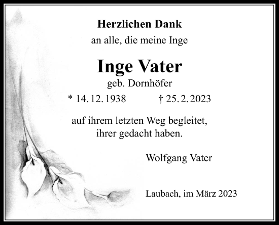 Traueranzeige von Inge Vater von Laubacher Anzeiger