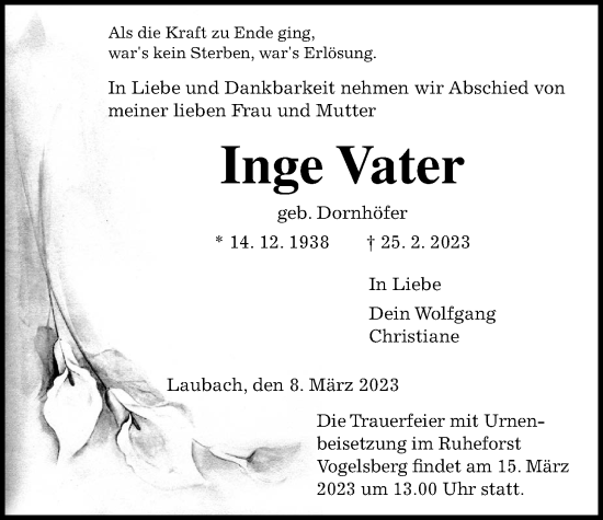 Traueranzeige von Inge Vater von Laubacher Anzeiger