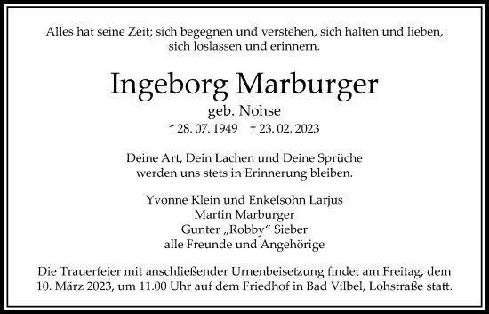 Traueranzeige von Ingeborg Marburger von Bad Vilbel/Karben