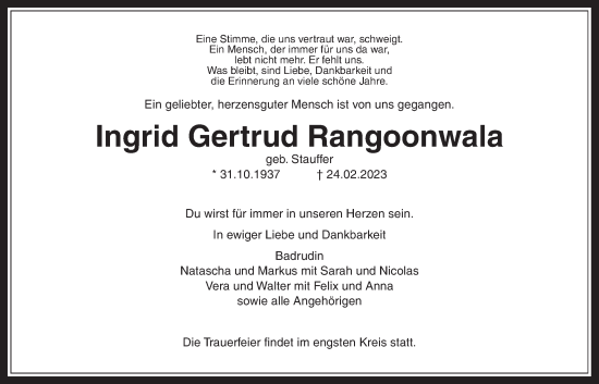 Traueranzeige von Ingrid Gertrud Rangoonwala 