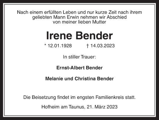 Traueranzeige von Irene Bender 