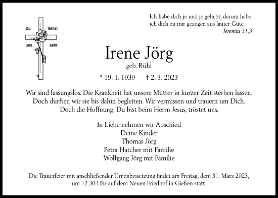 Traueranzeige von Irene Jörg von Giessener Anzeiger