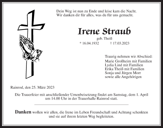 Traueranzeige von Irene Straub von Kreis-Anzeiger