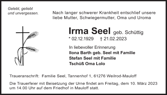 Traueranzeige von Irma Seel von Usinger Anzeiger